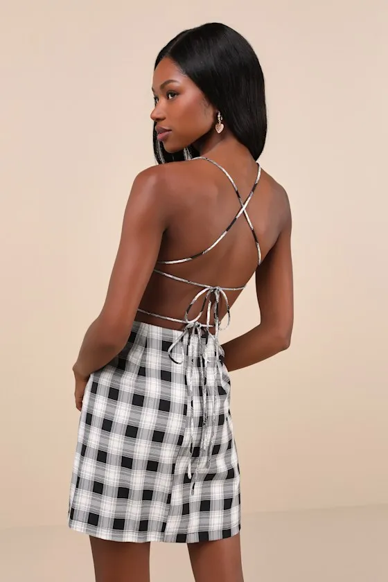 Sweetest Memory Black Plaid Lace-Up Mini Dress With Pockets sold by Lulus product image thumbnail 3