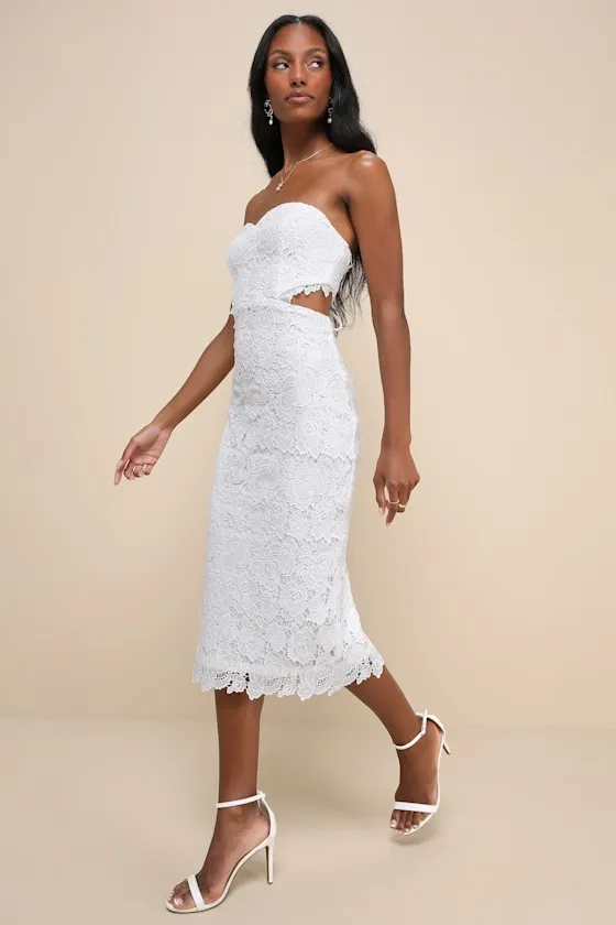 Impressive Elegance White Crochet Lace Strapless Midi Dress sold by Lulus