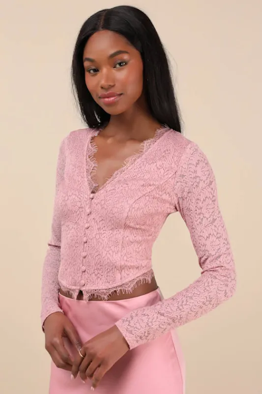 Certainly Exquisite Mauve Pink Eyelash Lace Long Sleeve Crop Top made by Lulus