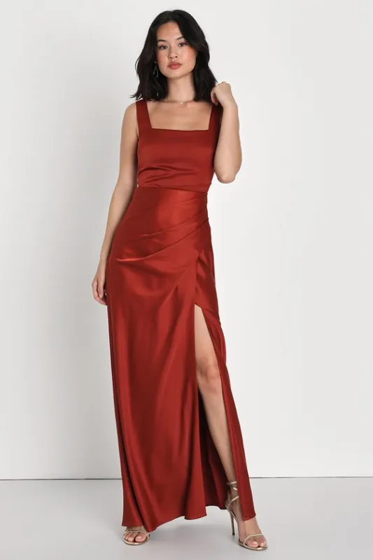 Red Carpet Romance Rust Orange Satin Square Neck Maxi Dress sold by Lulus