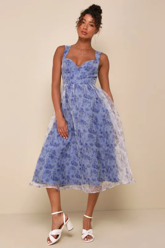 Delightful Impulse Blue Floral Organza Bustier Midi Dress sold by Lulus