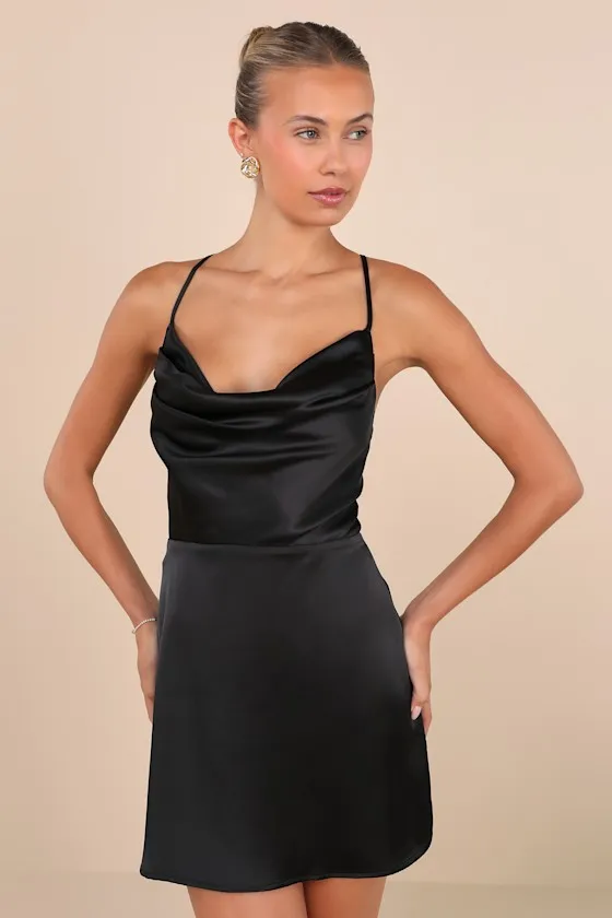 Luxe Reputation Black Satin Sleeveless Cowl Neck Mini Dress sold by Lulus