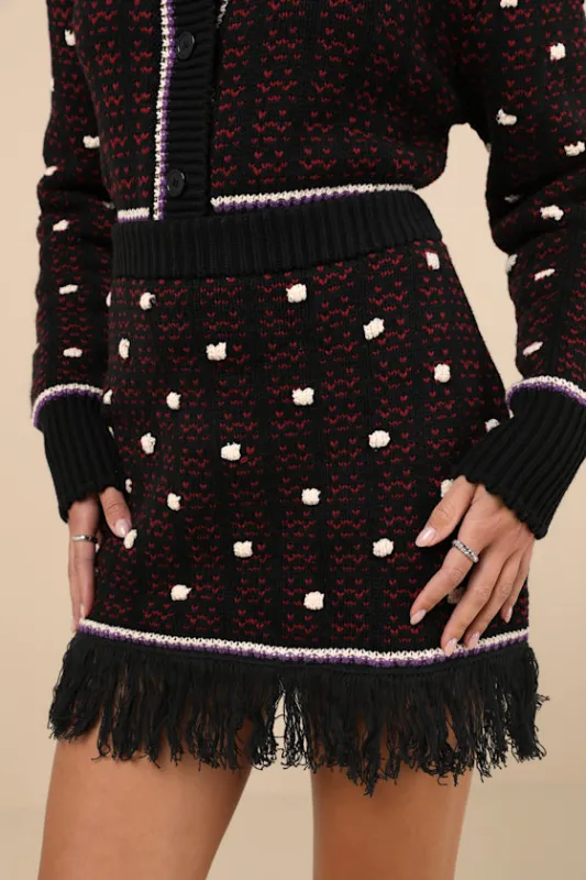 Cheli Black Multi Knit Cotton Fringe Mini Skirt made by Lulus