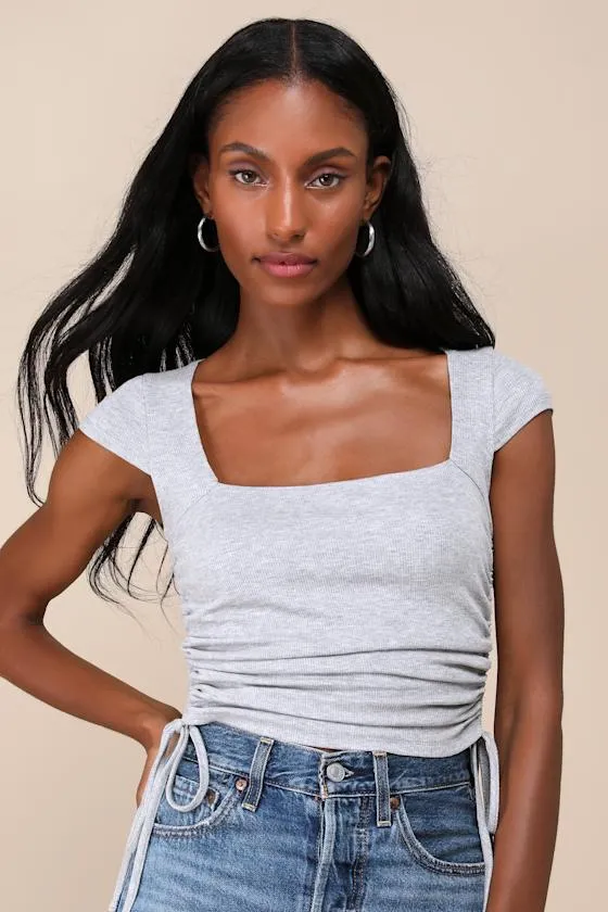 Sweet Intentions Heather Grey Ruched Cap Sleeve Top sold by Lulus