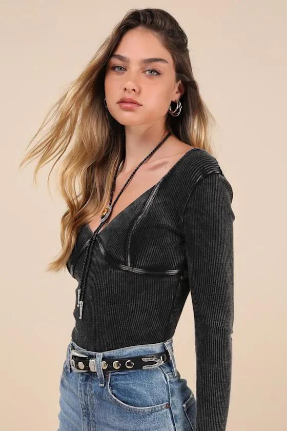 Trendsetting Confidence Washed Black Ribbed Long Sleeve Bodysuit sold by Lulus