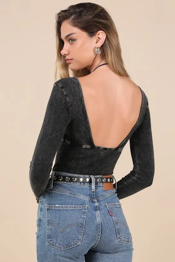 Trendsetting Confidence Washed Black Ribbed Long Sleeve Bodysuit sold by Lulus product image thumbnail 2