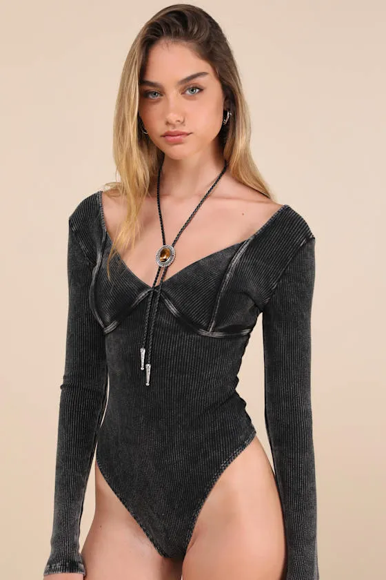 Trendsetting Confidence Washed Black Ribbed Long Sleeve Bodysuit sold by Lulus product image thumbnail 4