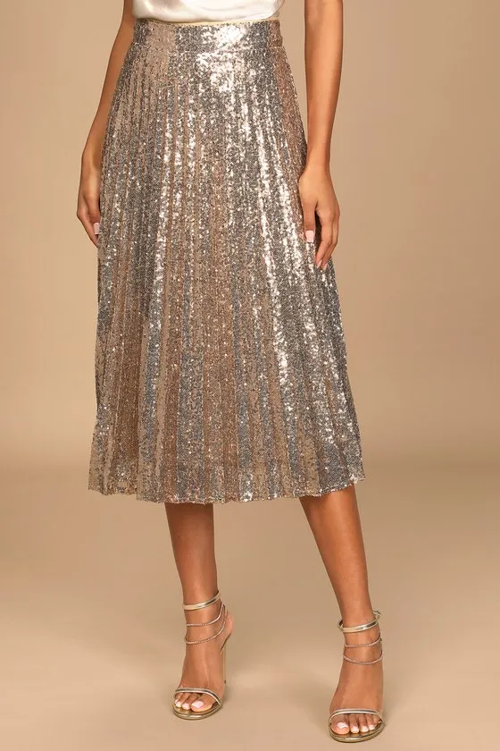 Glamorous Occasion Rose Gold Sequin Pleated Midi Skirt sold by Lulus product image thumbnail 2