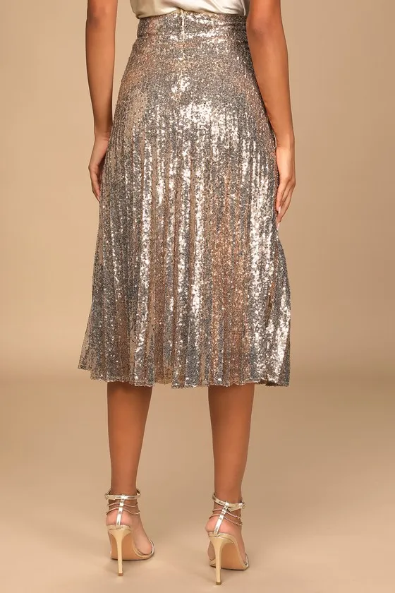 Glamorous Occasion Rose Gold Sequin Pleated Midi Skirt sold by Lulus product image thumbnail 3