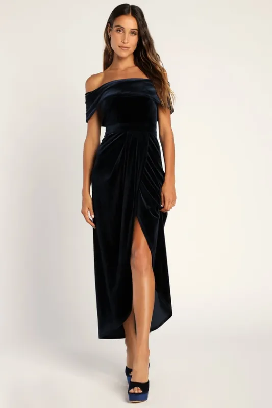 I'm Enchanted Navy Blue Velvet Off-the-Shoulder Maxi Dress sold by Lulus