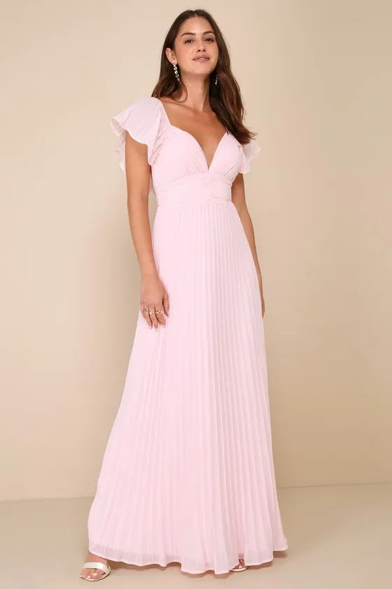 Ideal Occasion Pink Pleated Flutter Sleeve Backless Maxi Dress sold by Lulus