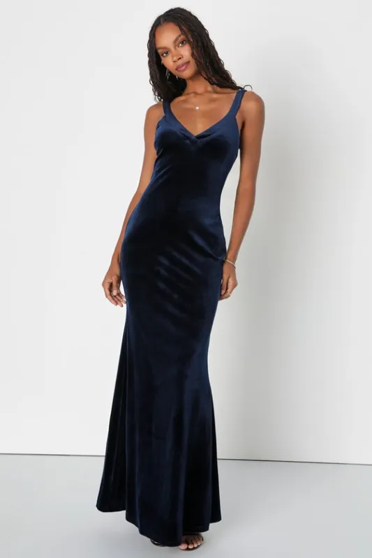 Perfectly Classy Navy Blue Velvet Strappy Maxi Dress sold by Lulus