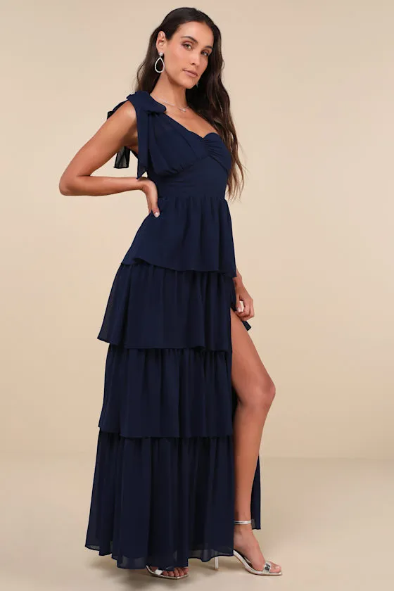 Elevated Vision Navy Blue One-Shoulder Tiered Maxi Dress sold by Lulus