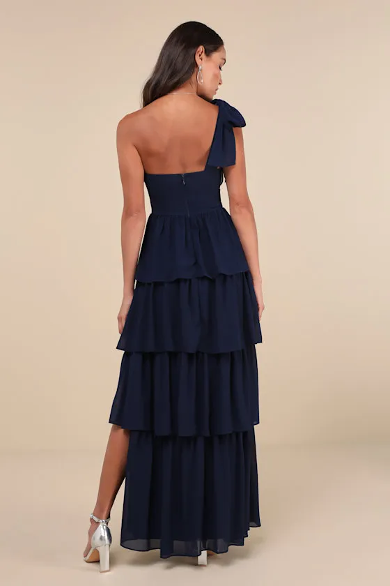 Elevated Vision Navy Blue One-Shoulder Tiered Maxi Dress sold by Lulus product image thumbnail 2