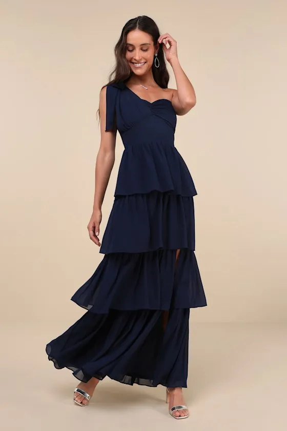 Elevated Vision Navy Blue One-Shoulder Tiered Maxi Dress sold by Lulus product image thumbnail 4