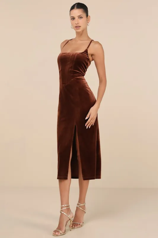 Gorgeous Composure Brown Velvet Lace-Up Sleeveless Midi Dress sold by Lulus