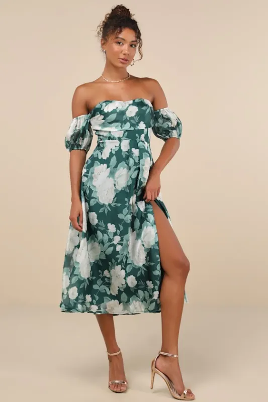 Composed Delight Green Floral Off-the-Shoulder Midi Dress made by Lulus