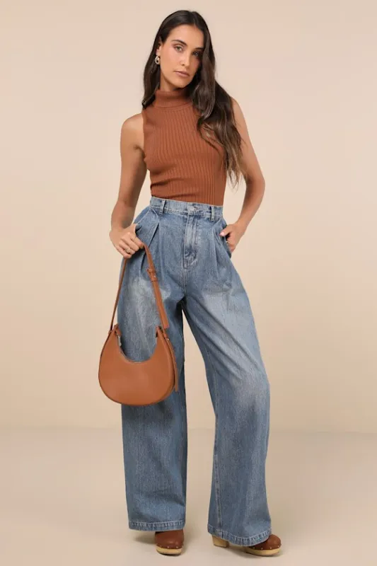 Enviable Cool Medium Wash Pleated Wide-Leg High-Rise Jeans sold by Lulus