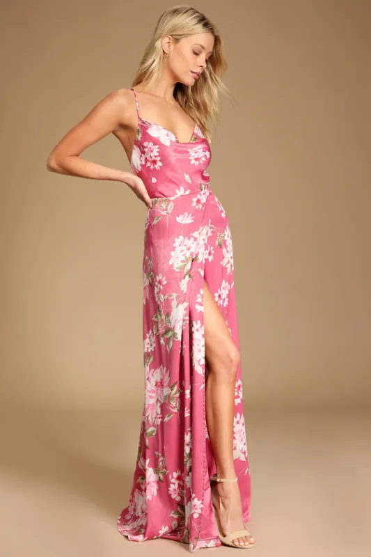 Love of Romance Pink Floral Print Satin Cowl Neck Maxi Dress sold by Lulus