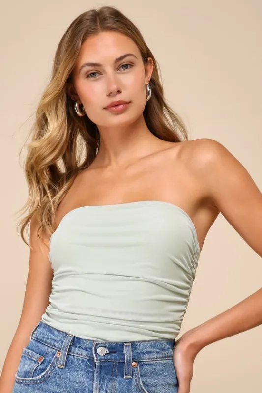 Profoundly Cute Sage Green Mesh Ruched Strapless Bodysuit sold by Lulus