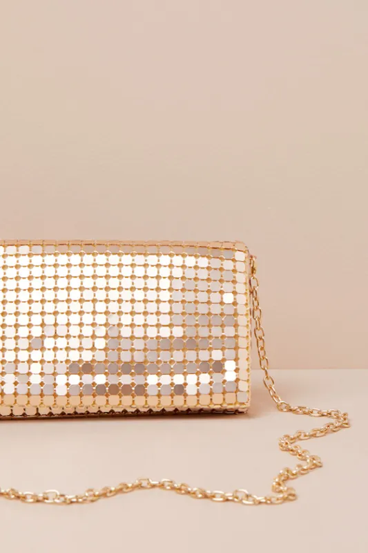 Brigit Gold Metal Mesh Clutch sold by Lulus
