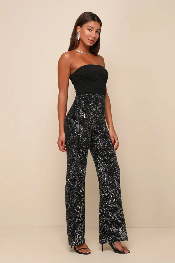 Marvelous Fun Black Sequin Strapless Straight Leg Jumpsuit sold by Lulus