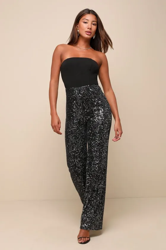 Marvelous Fun Black Sequin Strapless Straight Leg Jumpsuit sold by Lulus product image thumbnail 4