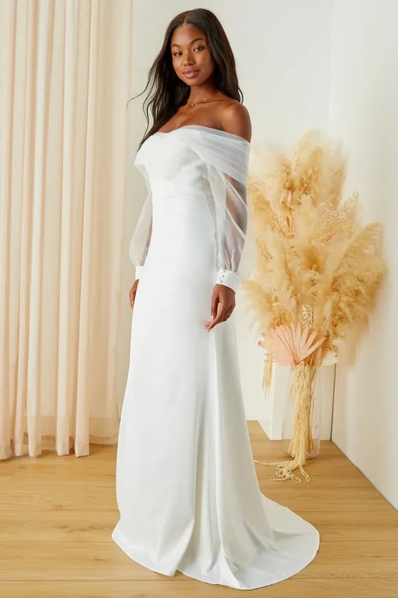 Blissfully Loved White Satin Organza Off-the-Shoulder Maxi Dress sold by Lulus product image thumbnail 3