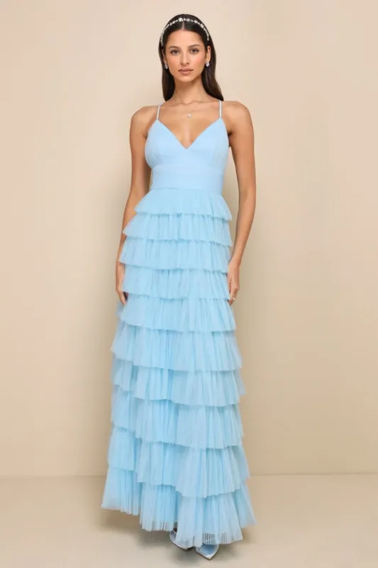 Radiant Event Light Blue Mesh Tiered Pleated Backless Maxi Dress sold by Lulus