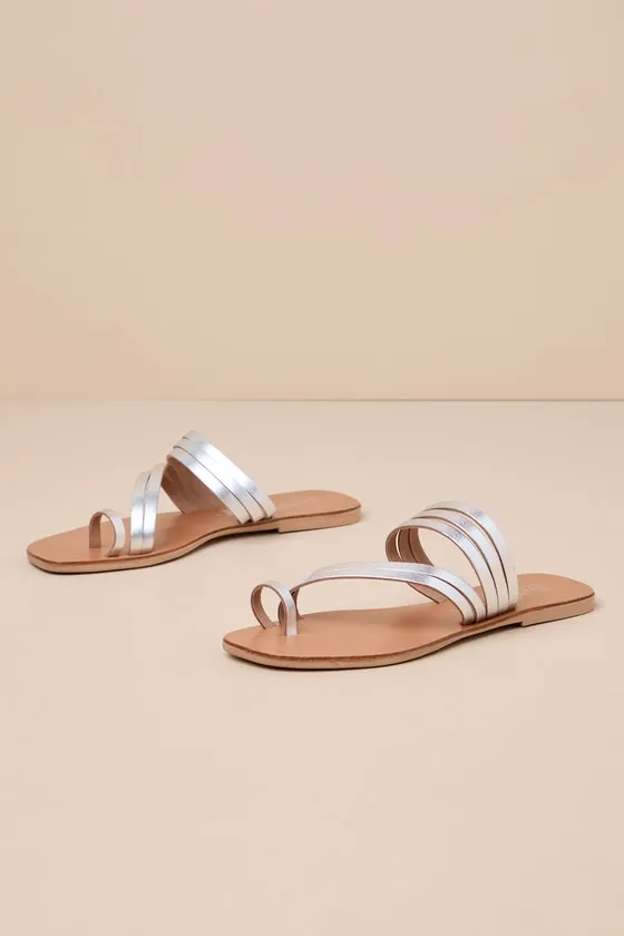 Summer Rain Silver Metallic Leather Strappy Slide Sandals sold by Lulus