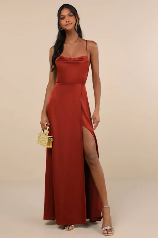 So Loving Rust Orange Satin Pleated Lace-Up Backless Maxi Dress sold by Lulus