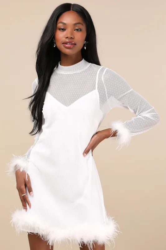 Immaculate Charisma White Mesh Feather Long Sleeve Mini Dress sold by Lulus