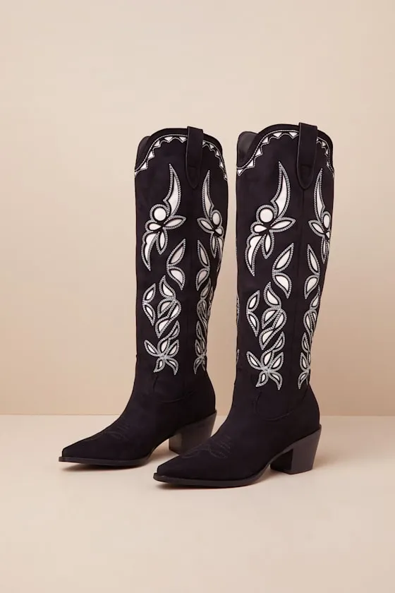 Della Black Suede Knee-High Western Boots sold by Lulus product image thumbnail 2