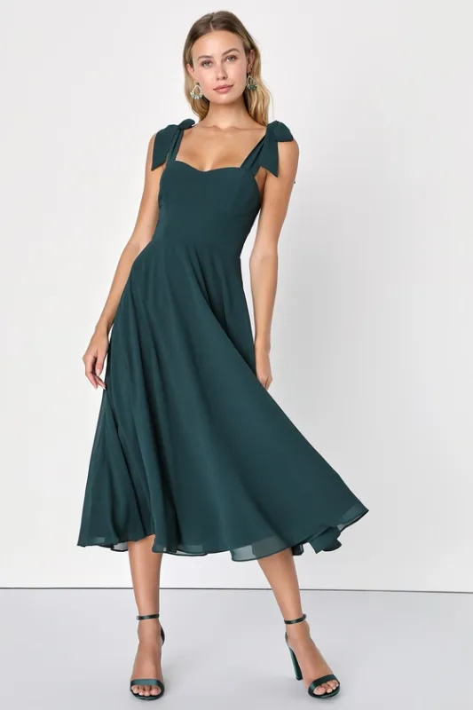 Sophisticated Charisma Dark Teal Tie-Strap A-Line Midi Dress sold by Lulus