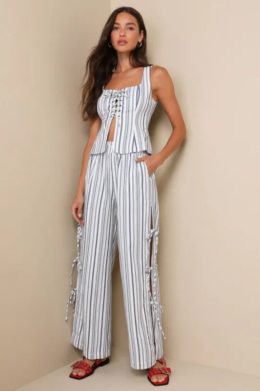 Infinite Sunshine Ivory & Blue Striped Side-Tie High-Rise Pants sold by Lulus