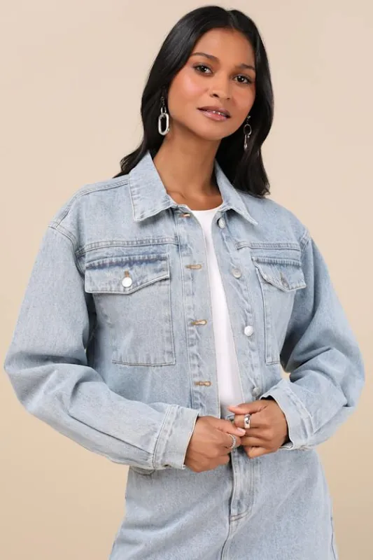 Adaya Light Wash Cropped Denim Jacket sold by Lulus