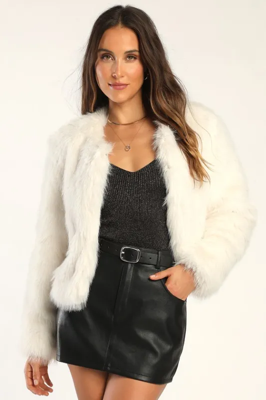 Glam Attitude Ivory Faux Fur Jacket sold by Lulus