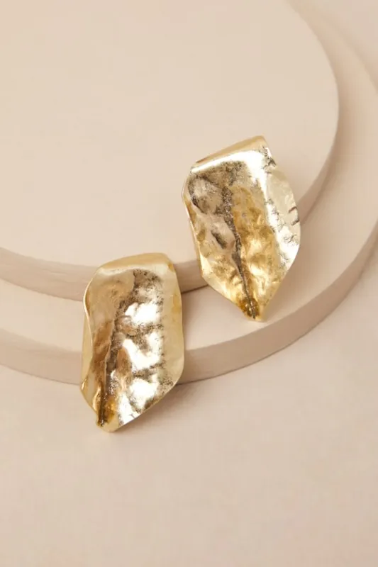Elitia Gold Hammered Asymmetrical Earrings sold by Lulus
