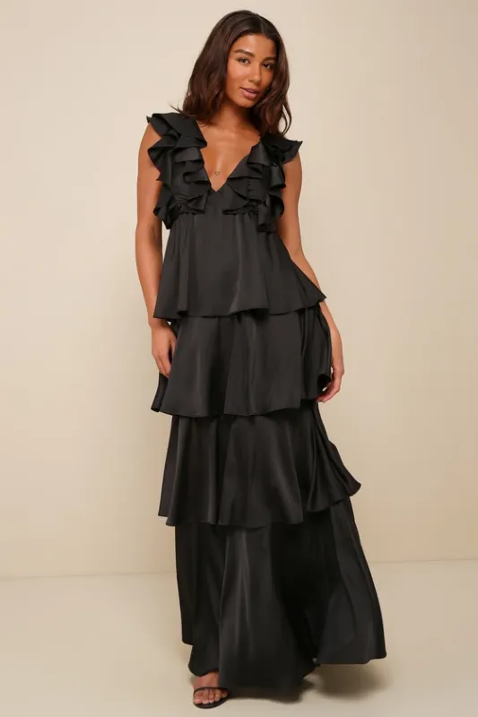 Glorious Essence Black Satin Ruffled Tiered Tie-Back Maxi Dress sold by Lulus
