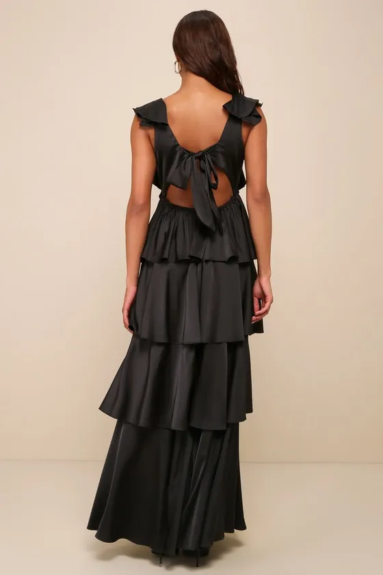 Glorious Essence Black Satin Ruffled Tiered Tie-Back Maxi Dress sold by Lulus product image thumbnail 2