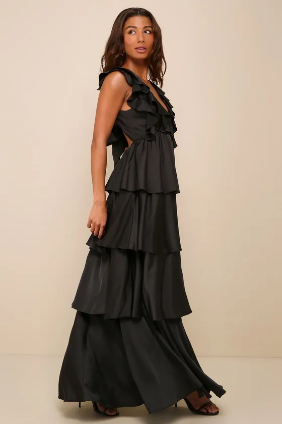 Glorious Essence Black Satin Ruffled Tiered Tie-Back Maxi Dress sold by Lulus product image thumbnail 3
