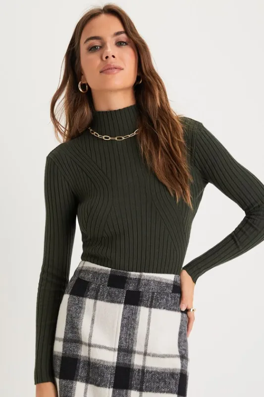 Crawford Dark Green Long Sleeve Mock Neck Bodysuit sold by Lulus