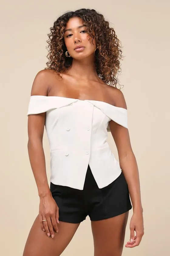 Poised Mindset Ivory Off-the-Shoulder Button-Front Vest Top sold by Lulus