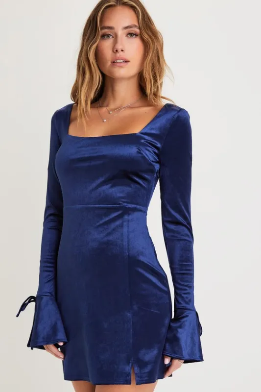 Joyful Poise Navy Blue Velvet Long Sleeve Mini Dress sold by Lulus