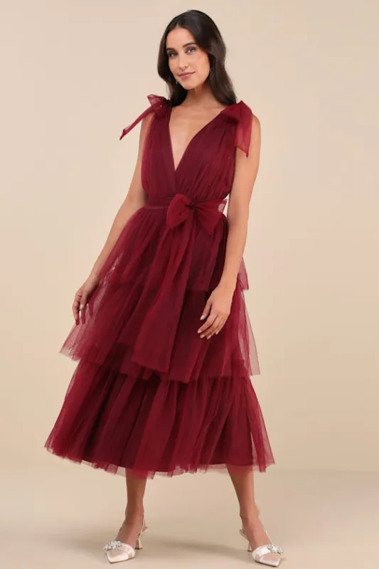 Flawless Arrival Burgundy Tulle Tie-Strap Tiered Maxi Dress sold by Lulus