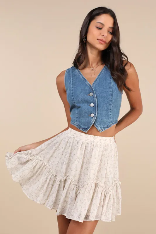 Whimsical Attitude Ivory Floral Ruffled Mini Skirt sold by Lulus