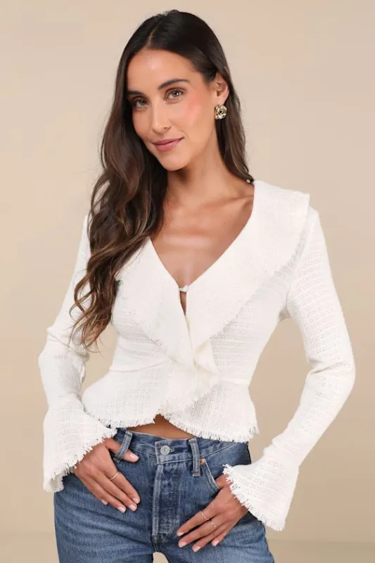 Complete Sophisticate Ivory Tweed Sheer V-Neck Long Sleeve Top sold by Lulus