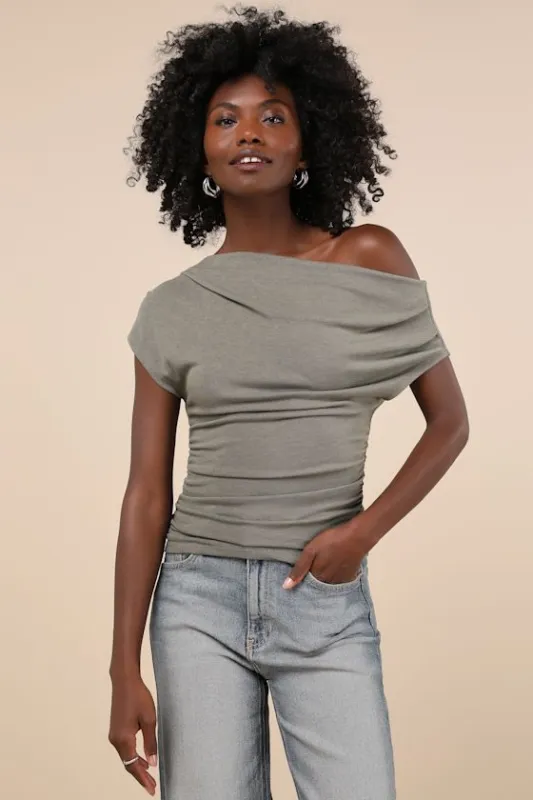Expert Poise Olive Green Ruched One-Shoulder Top sold by Lulus