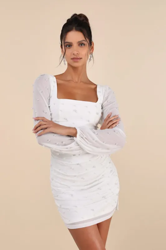 Admirably Divine White Mesh Pearl Long Sleeve Mini Dress sold by Lulus