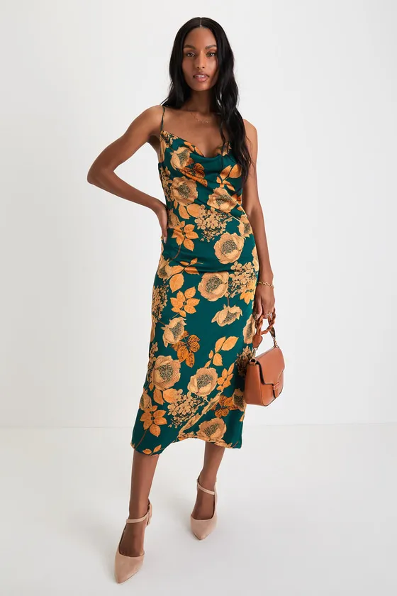 Favorite Icon Green Floral Satin Cowl Neck Slip Midi Dress sold by Lulus